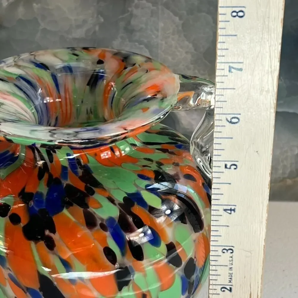 Vintage Hand Blown Art Glass Comfety Spotted Heavy Vase 2 Handles